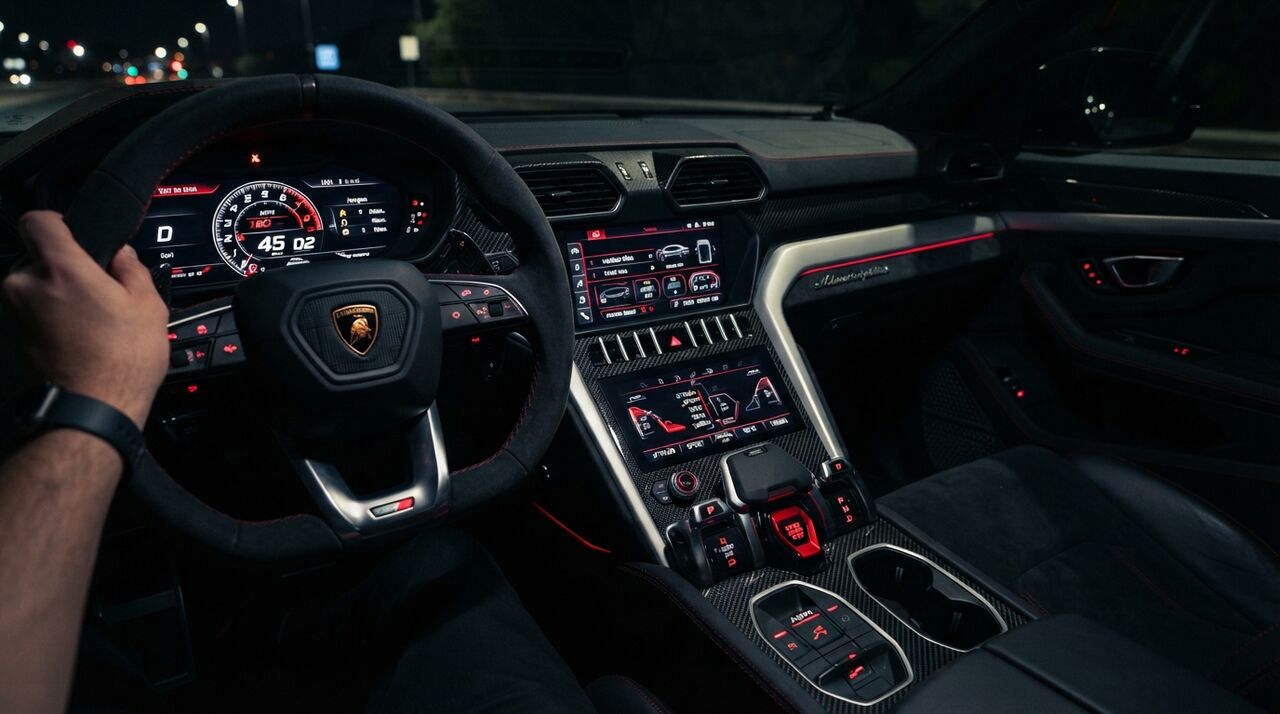Motorista ao volante de um Lamborghini Urus à noite, com o painel aceso